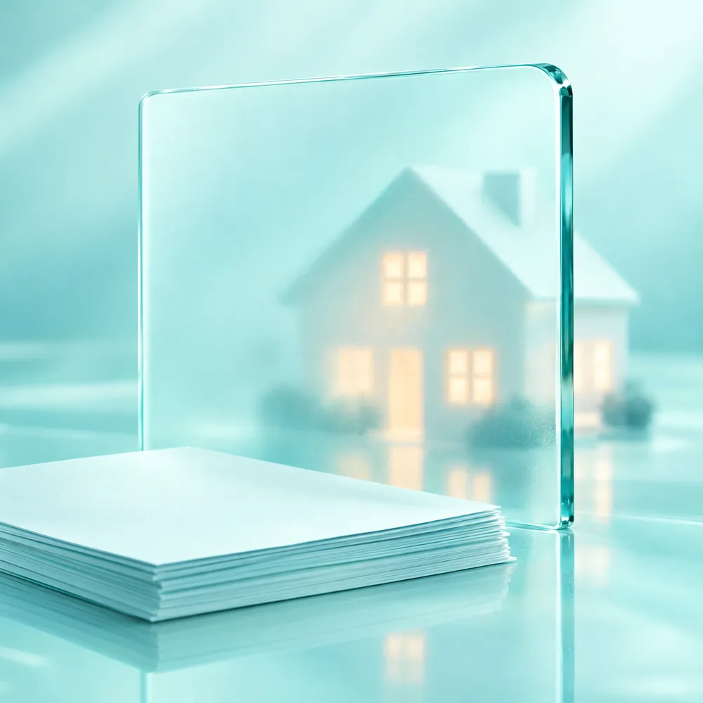 A small model house with warm light in its windows, seen through a pane of frosted glass, with a stack of paperwork in front.
