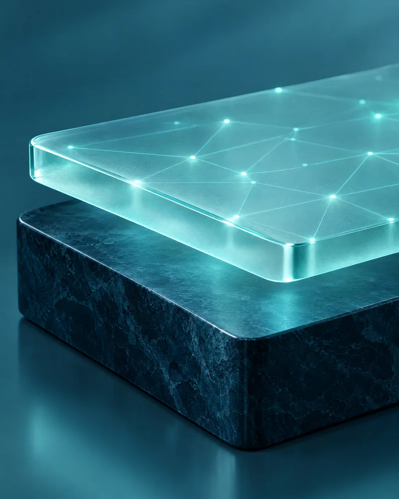 A thin layer of glowing aqua glass, traced with a fine network of light, resting just above a solid slab of dark stone.