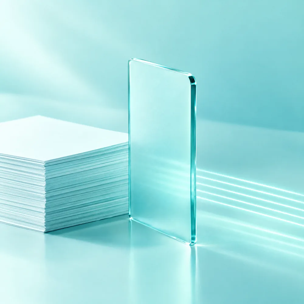 A stack of paper documents beside a pane of frosted aqua glass; on the far side, the light comes through as a few clean lines.