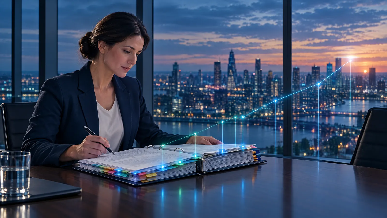 At dusk a claims manager reads a thick tabbed binder of medical records, points of light on the tabs joining into a rising line toward the window.