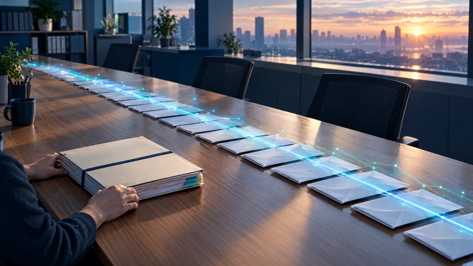 Seen from above at dawn, a line of thin envelopes travels along a fine line of light across a long table, while one thick claim file waits by a handler's hands.