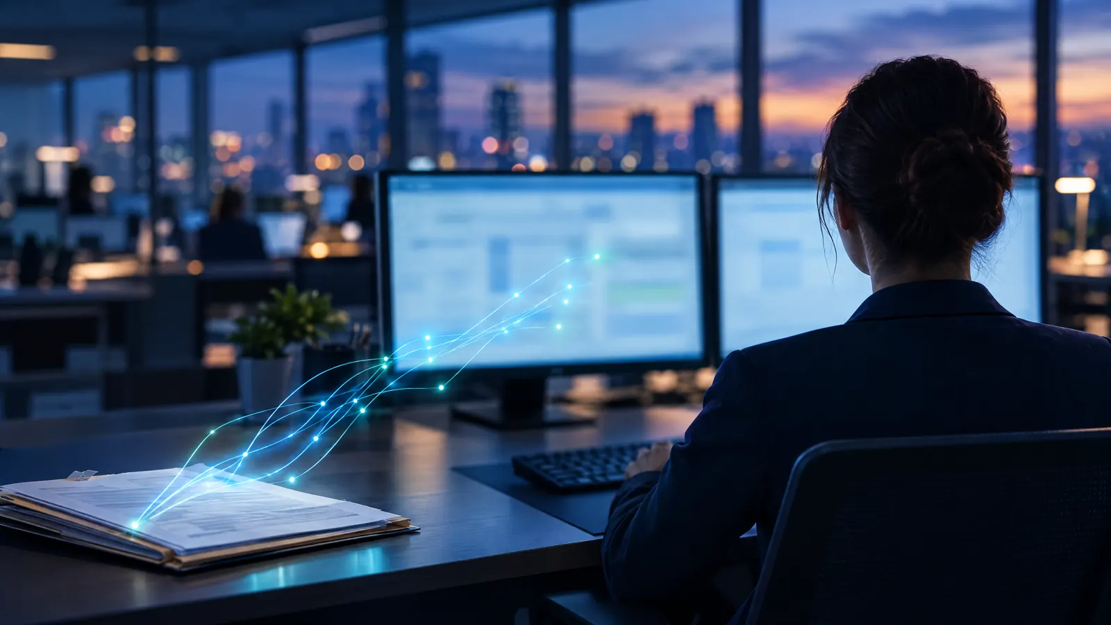 Seen from behind, an adjuster works at two blurred monitors at blue hour while fine lines of light run from a paper claim file into the screen.