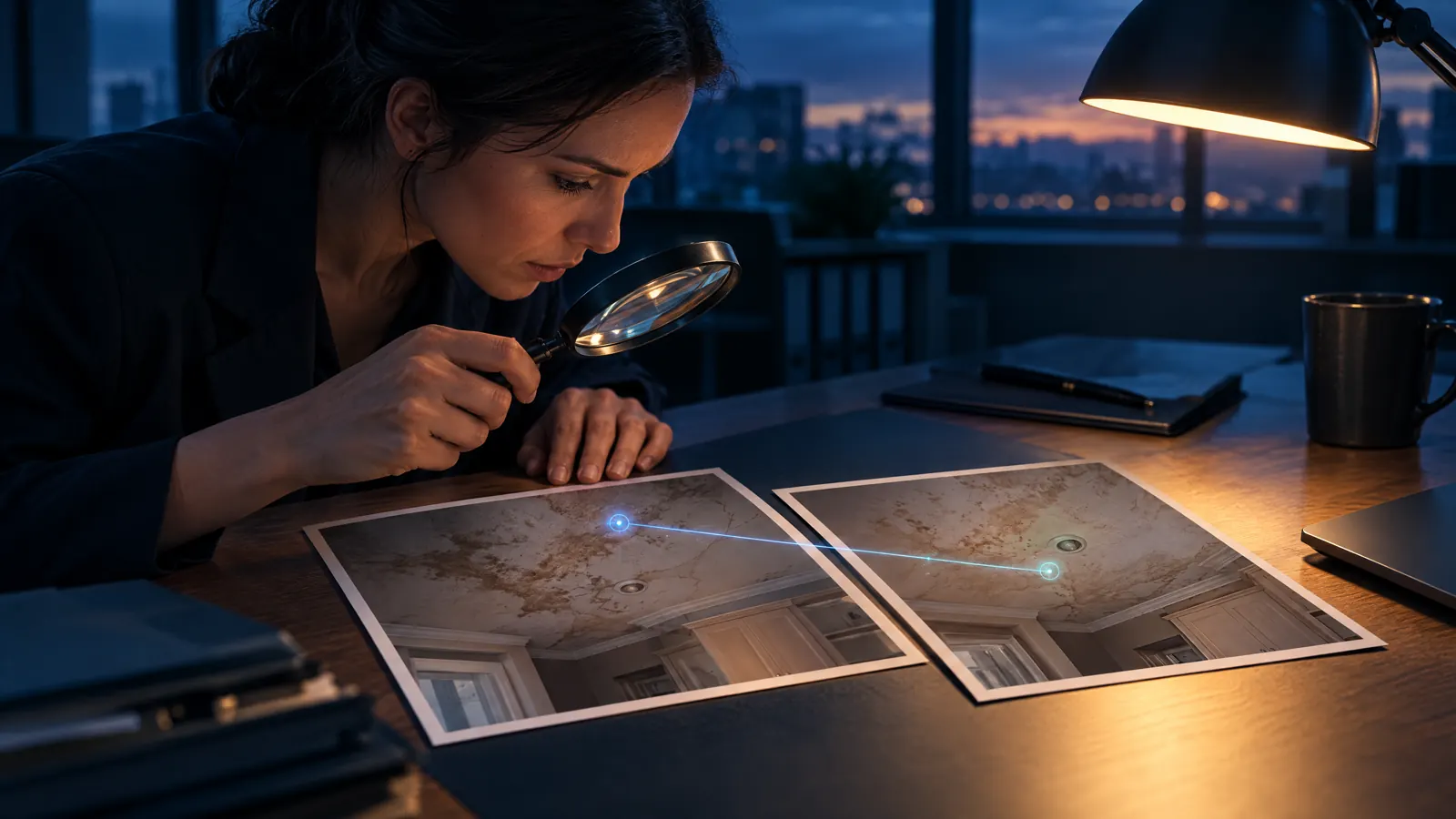 Under a desk lamp at dusk, an investigator with a magnifier compares two near-identical photos of a stained ceiling, a thin line of light joining the one detail that differs.