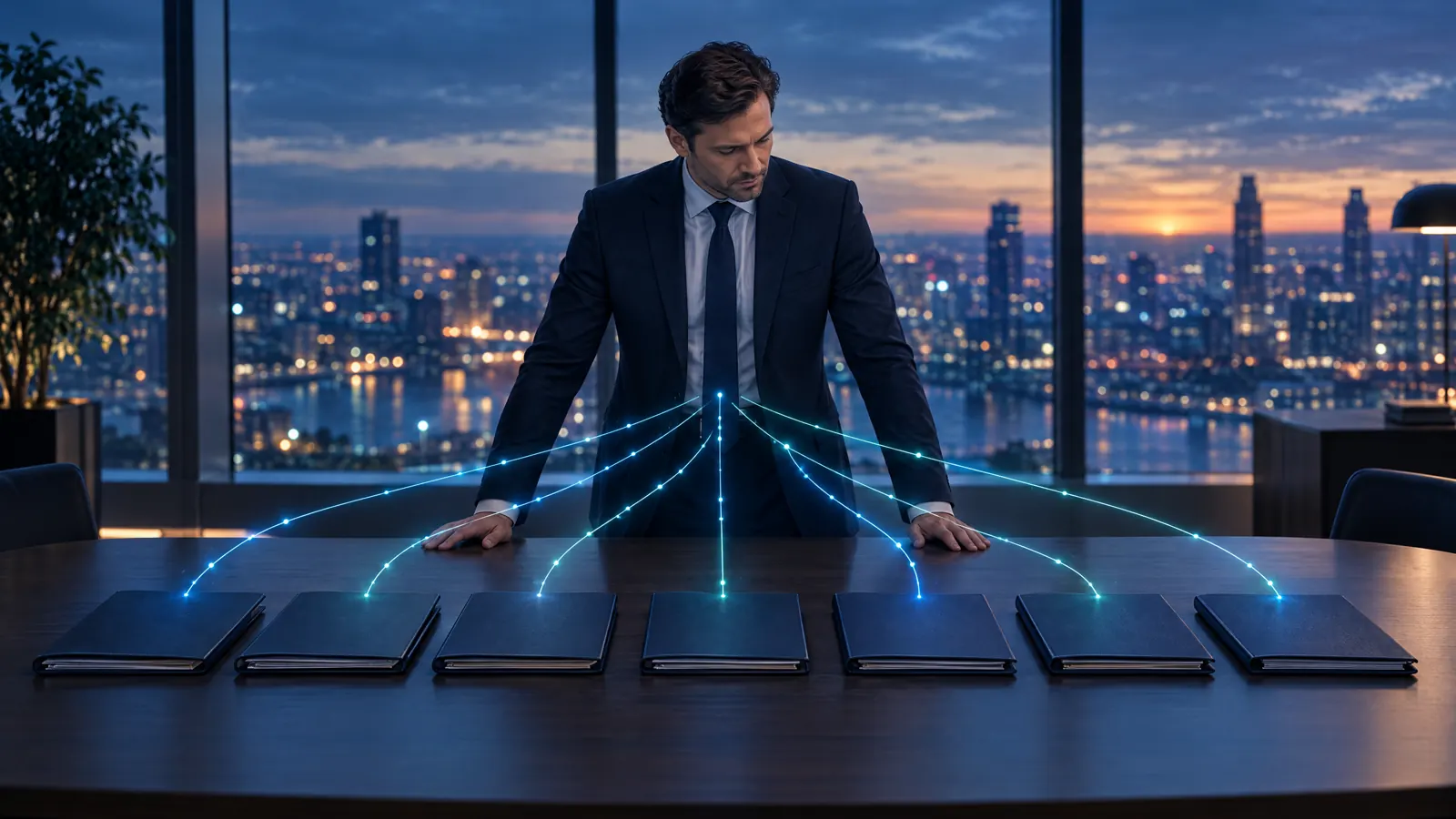 A claims director at blue hour looks down at seven closed folders laid out on a table, with fine lines of light fanning out from each one, city lights behind.