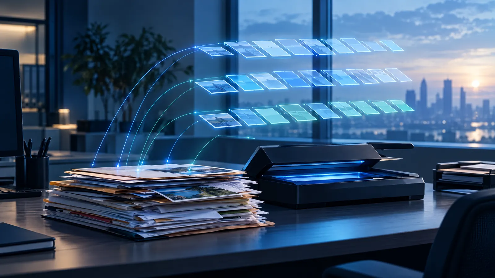 A stack of mixed claim documents beside a scanner in early light, with lines of light lifting small panels from the pages into neat rows.