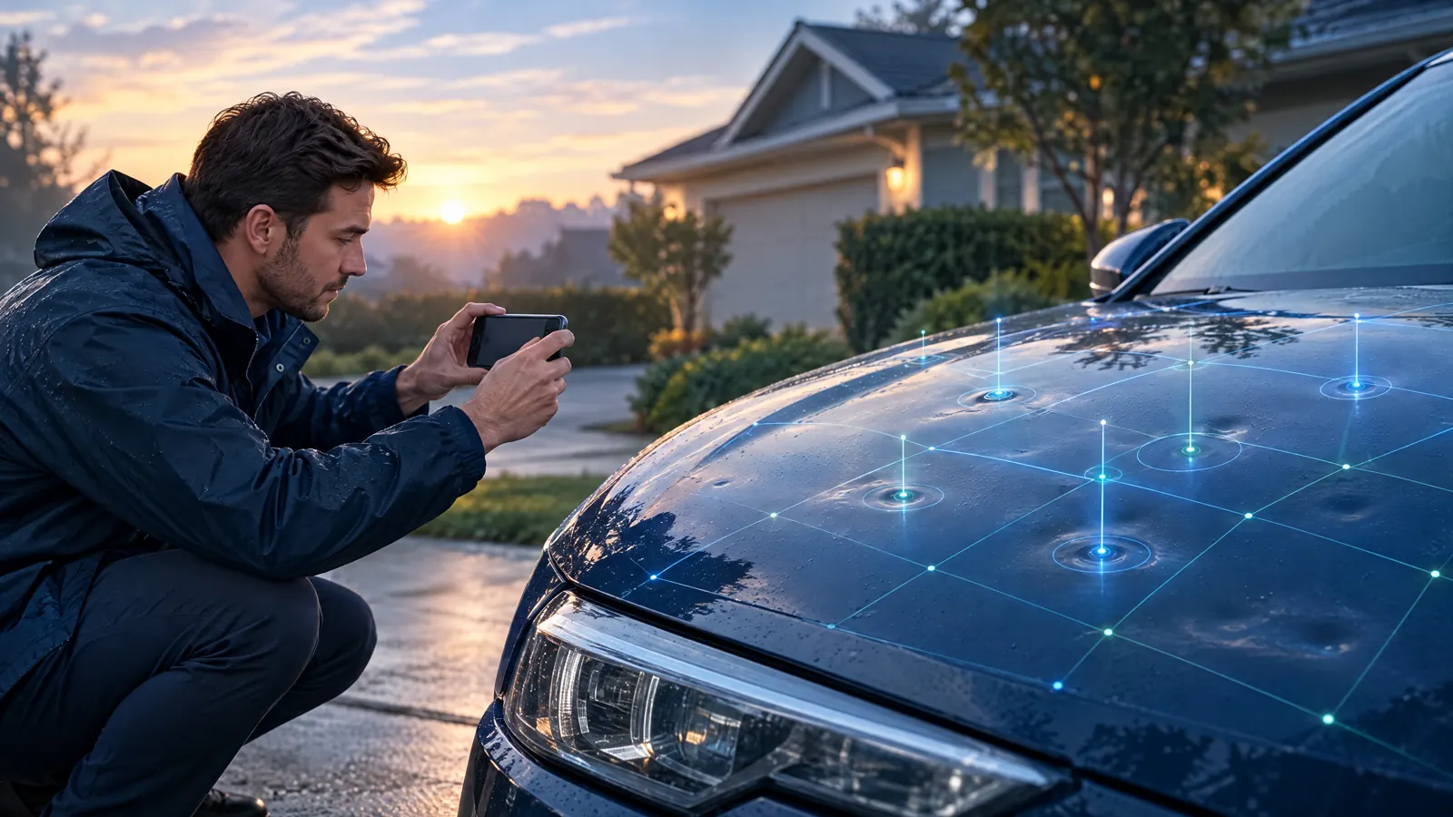 At dawn an adjuster crouches by a car in a driveway, phone raised, as fine lines of light map small hail dents on the hood.