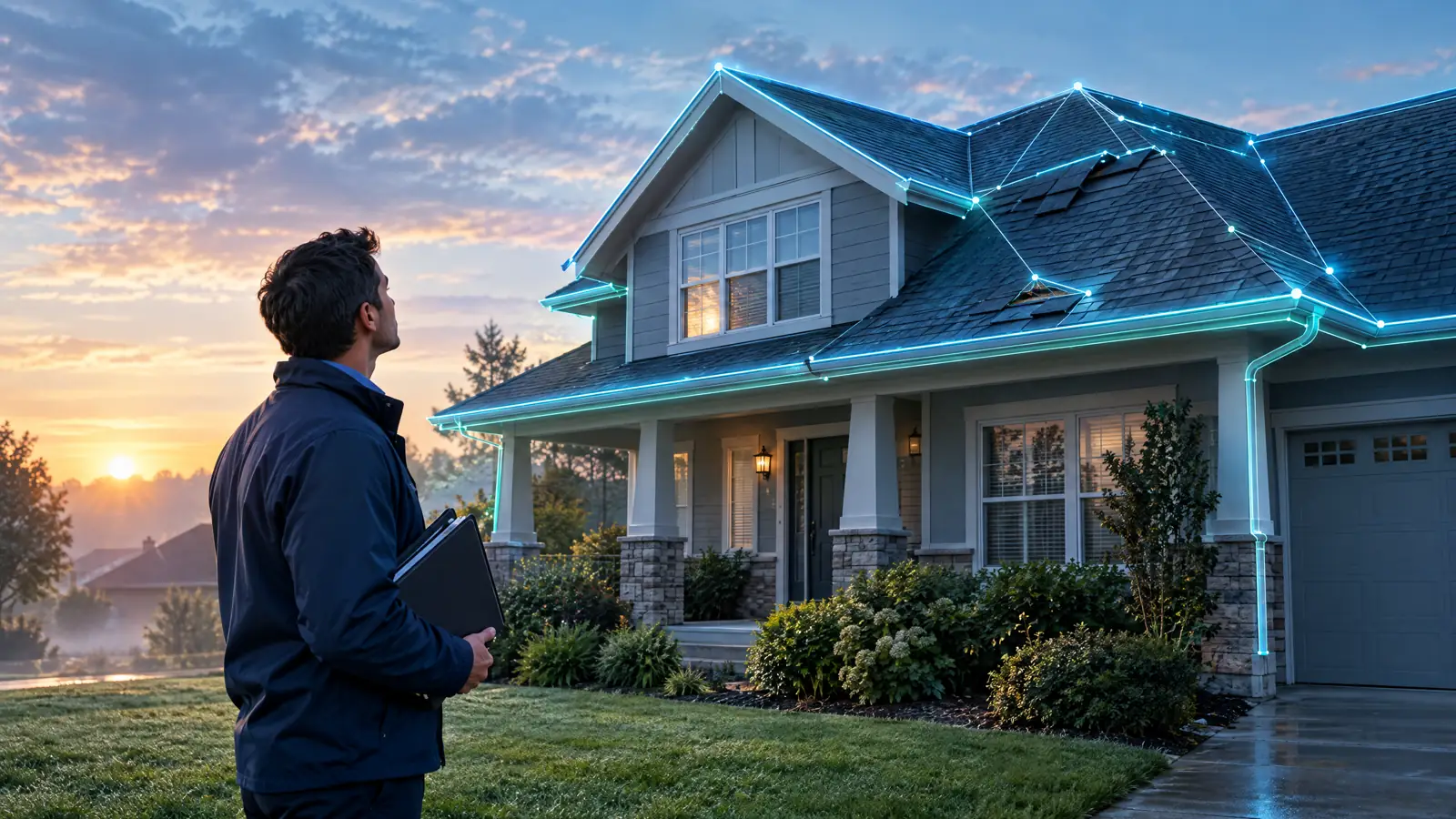 At dawn after a storm, a property adjuster holding a claim file looks up at a house whose roofline and gutters are traced in fine lines of light.