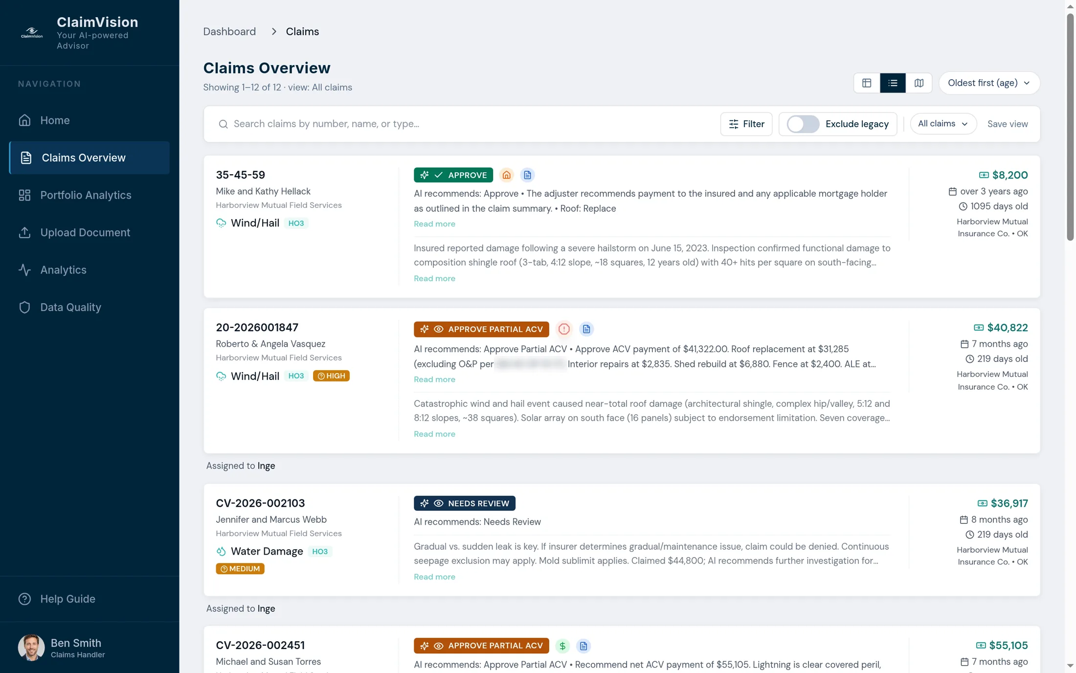 The ClaimVision claims overview after AI property claims review, listing every open claim with a recommendation, a payable amount and its age.