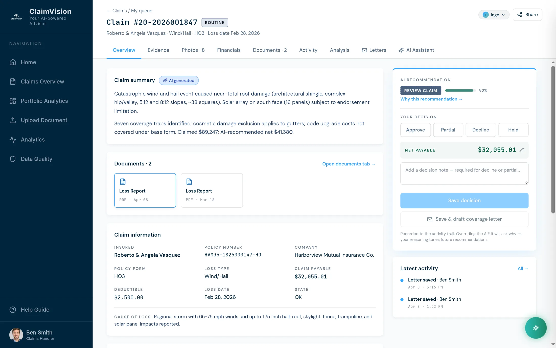 The ClaimVision claim overview for the example wind and hail claim, showing the result of policy coverage checking: the AI recommendation, the coverage traps found and the adjuster's decision buttons.