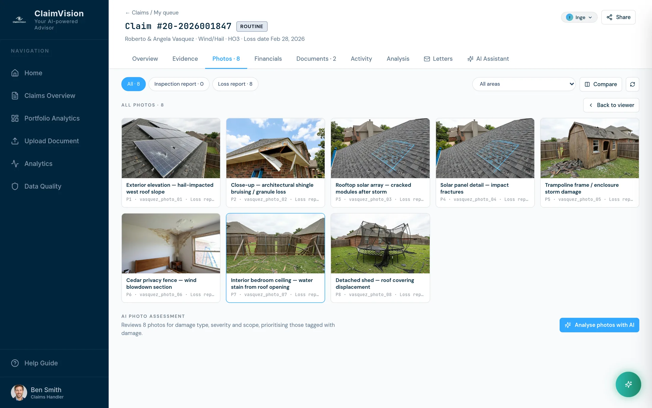 The ClaimVision photos tab on the example claim, every photo labelled and numbered against the document it came from: the first line of the AI claims audit trail.