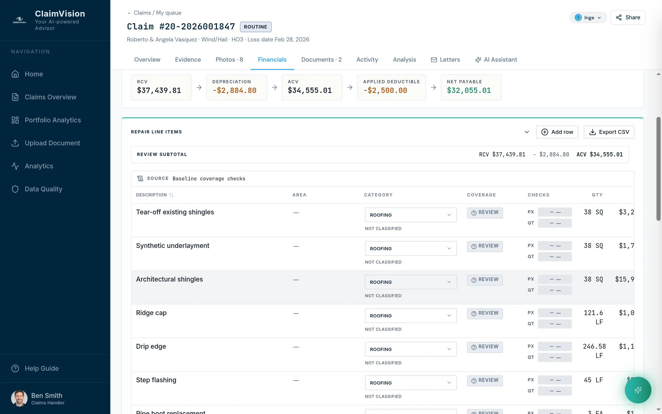 The ClaimVision financials tab for the Vasquez example claim: replacement cost, depreciation, actual cash value, deductible and net payable, above the repair line items.