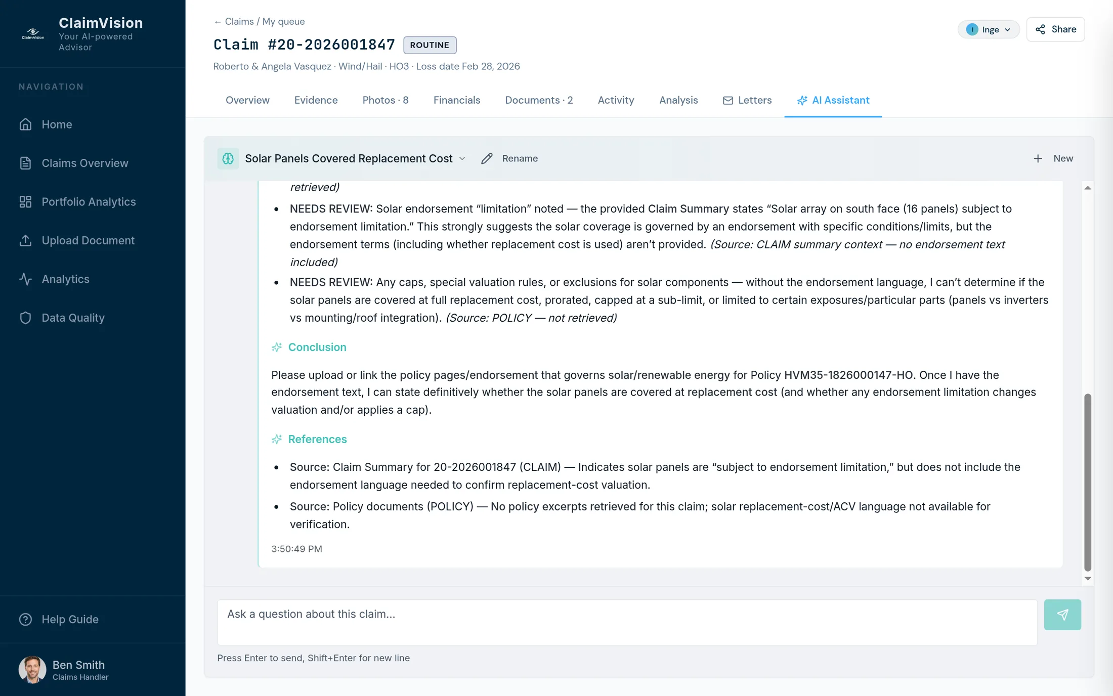 ClaimVision answering a plain-English question about the example claim from its structured claims data: with the endorsement text missing, it marks the answer for review and names its sources.