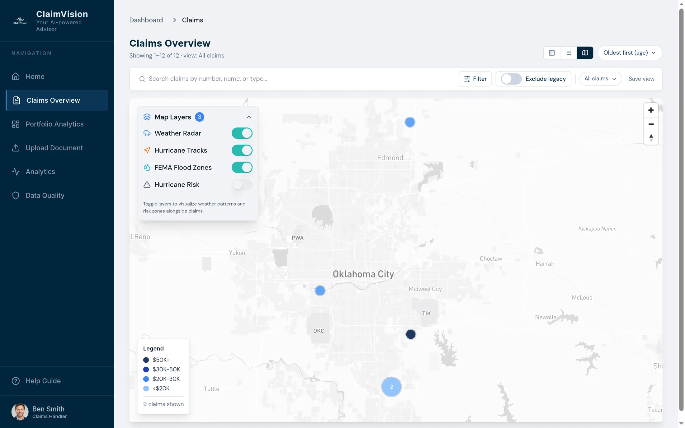 The ClaimVision claims map during a catastrophe claims surge, with every open claim plotted and coloured by value.